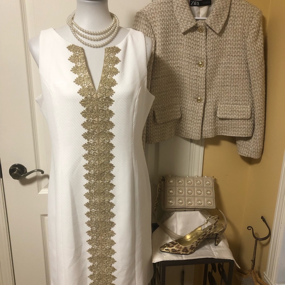 Pappagallo NWOT White Dress with Gold Lace Trim